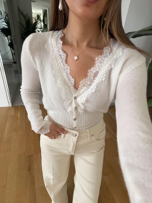 Diana Dantelli İnce Dokulu Hırka - Ekru