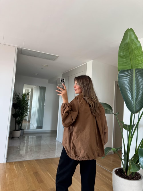 Dik Yaka Altı Lastikli Ceket - Kahve