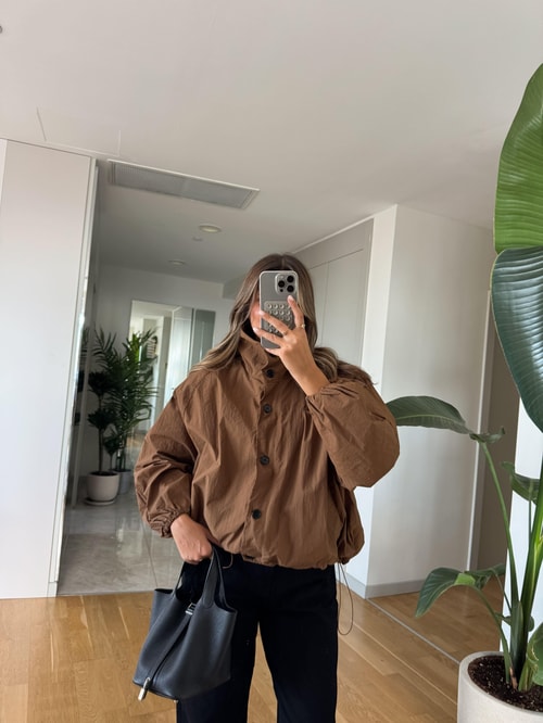 Dik Yaka Altı Lastikli Ceket - Kahve