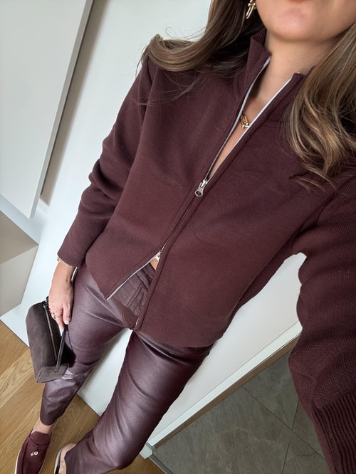 Dik Yaka Fermuarlı Hırka - Cherry