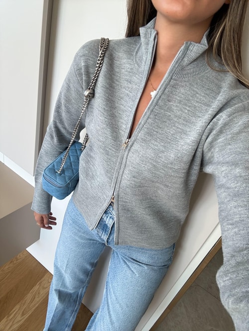 Dik Yaka Fermuarlı Hırka - Gri