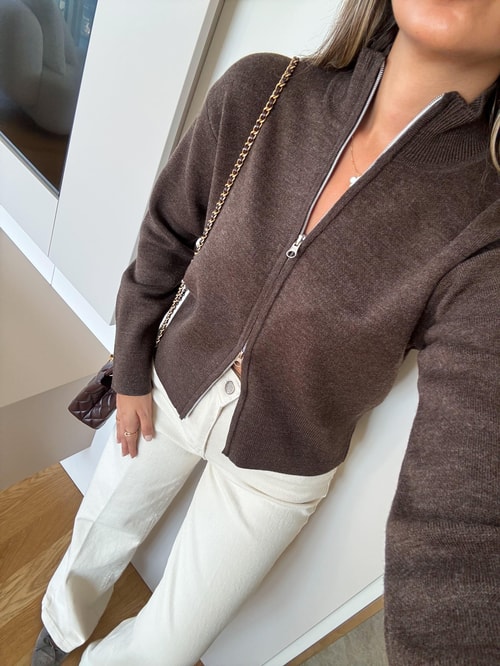 Dik Yaka Fermuarlı Hırka - Kahve