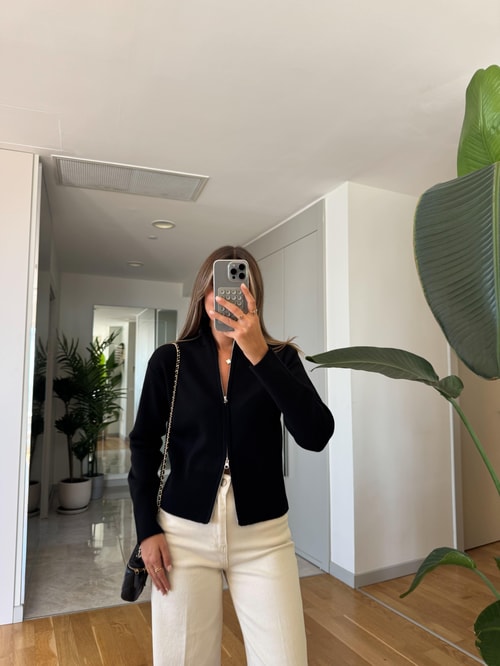 Dik Yaka Fermuarlı Hırka - Siyah