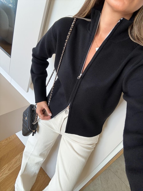 Dik Yaka Fermuarlı Hırka - Siyah