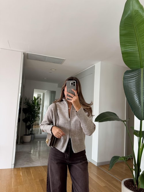 Dik Yaka Fermuarlı Hırka - Taş