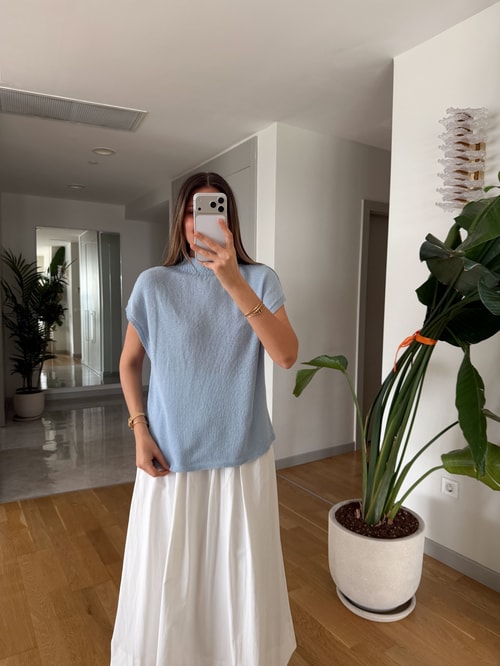 Dik Yaka Merserize Triko Bluz - Mavi 