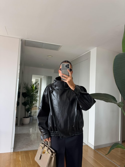 Dik Yaka Oversize Deri Ceket - Siyah