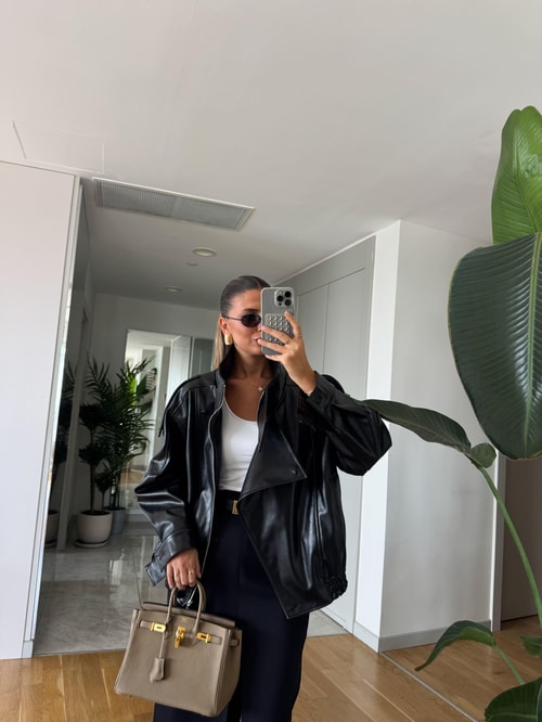 Dik Yaka Oversize Deri Ceket - Siyah