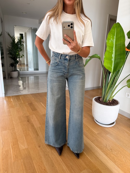 Dikiş Detaylı Wide Leg Jean Eskitme Mavi 