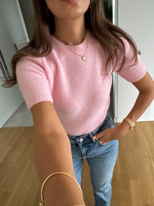 Dilvin Bisiklet Yaka Kısa Kollu Triko-Pembe
