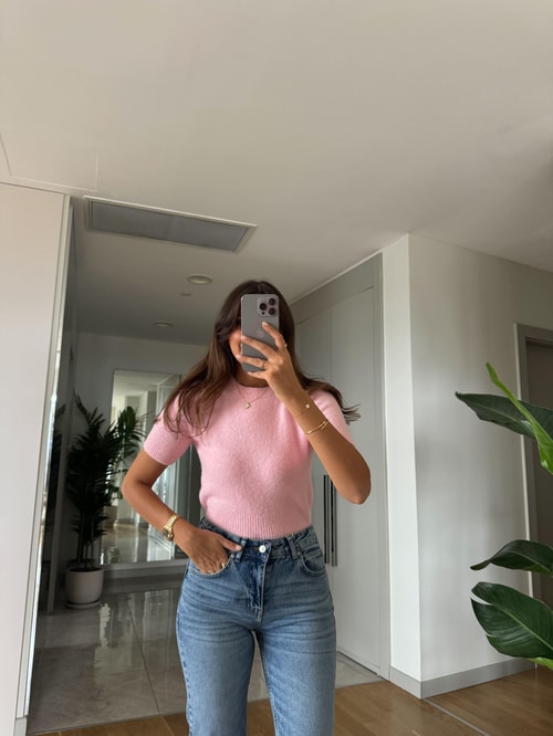 Dilvin Bisiklet Yaka Kısa Kollu Triko-Pembe
