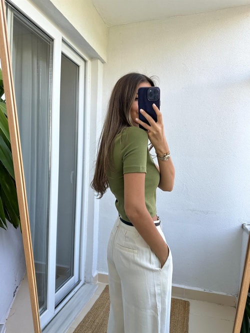 Dilvin Crop Tişört-Haki