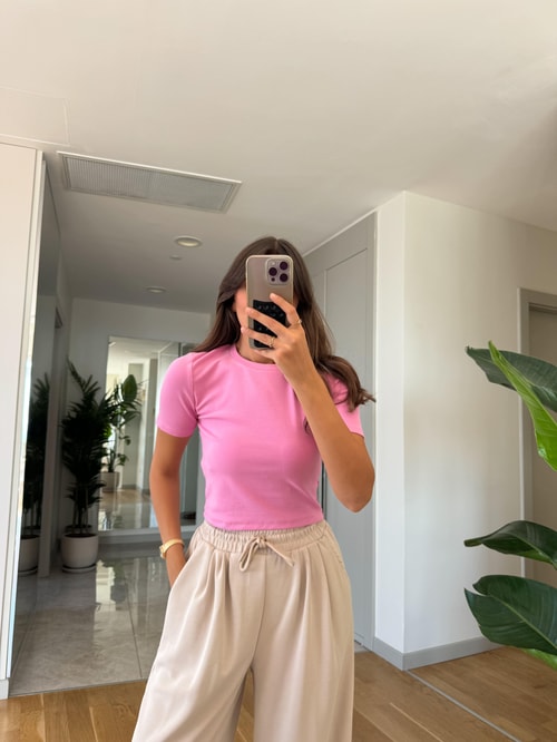 Dilvin Crop Tişört-Pembe