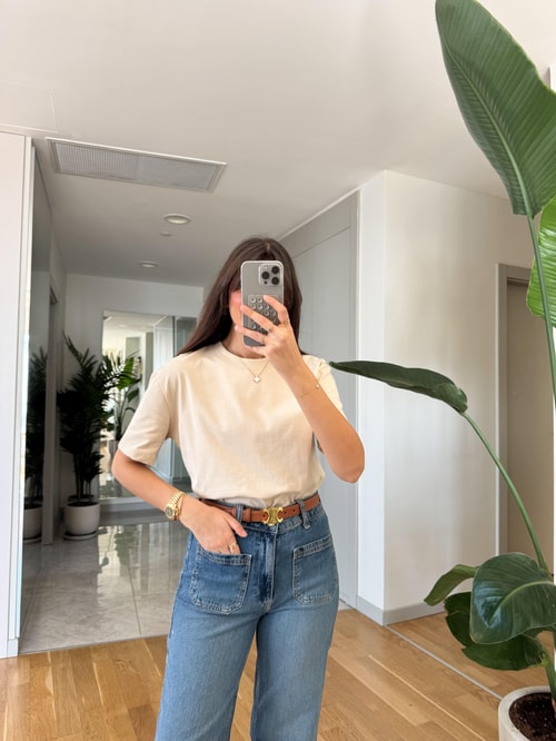 Dilvin Dekoratif Dikişli Bisiklet Yaka Tişört- Bej