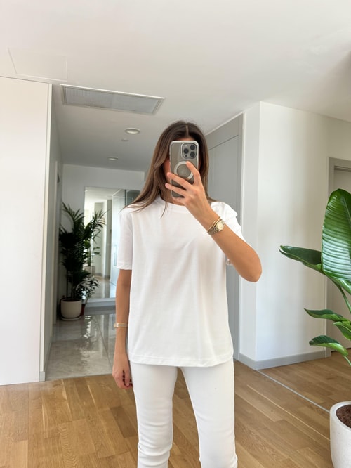 Dilvin Dekoratif Dikişli Bisiklet Yaka Tişört-Beyaz