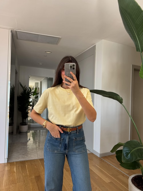 Dilvin Dekoratif Dikişli Bisiklet Yaka Tişört- Açık Sarı