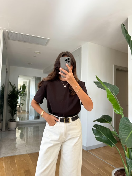 Dilvin Dekoratif Dikişli Bisiklet Yaka Tişört-Koyu Kahve