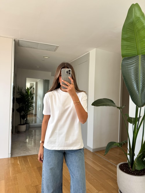 Dilvin Dekoratif Dikişli Bisiklet Yaka Tişört-Beyaz