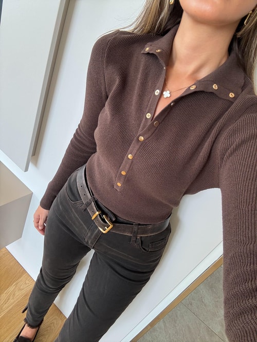 Dilvin Dik Yaka Çıtçıtlı Triko Kazak - Kahve