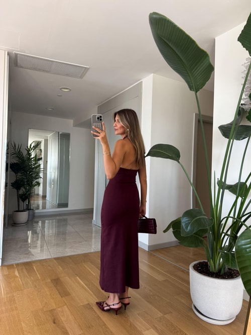 Dilvin Halter Yaka Midi Elbise - Bordo