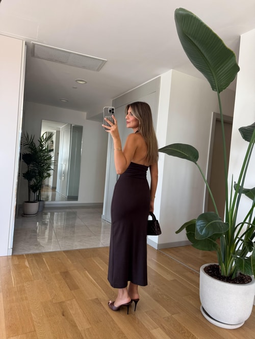 Dilvin Halter Yaka Midi Elbise -Koyu Kahve