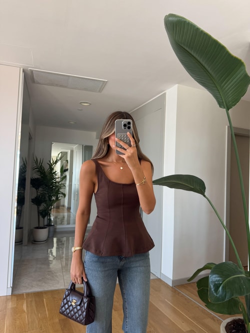 Dilvin Kalın Askılı Peplum Top -Kahve