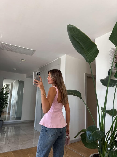 Dilvin Kalın Askılı Peplum Top -Pembe