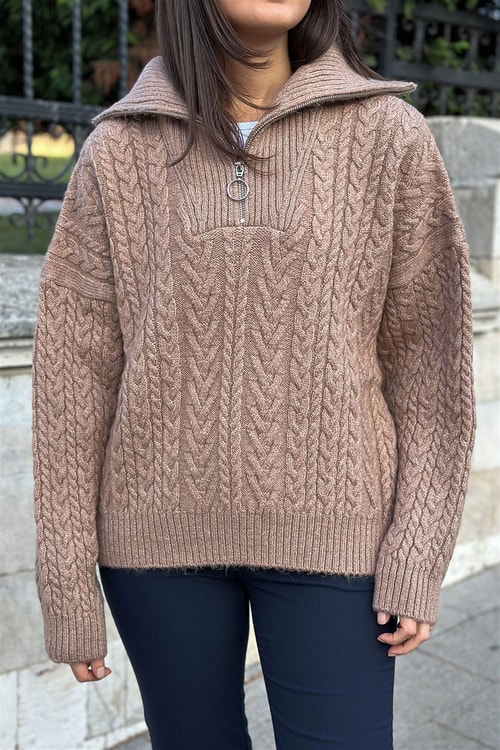 Dilvin Kamyoner Yaka Fermuarlı Camel Kazak