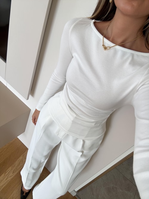 Dilvin Kayık Yaka Drapeli Basic - Ekru