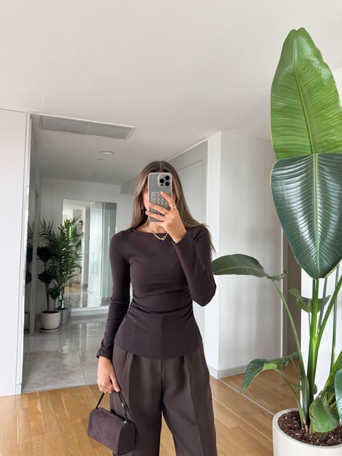 Dilvin Kayık Yaka Drapeli Basic - Kahve