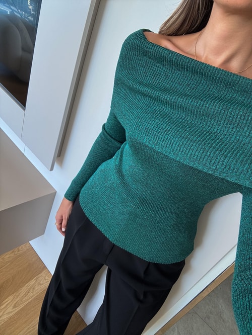 Dilvin Madonna Yaka Simli Triko - Zümrüt 