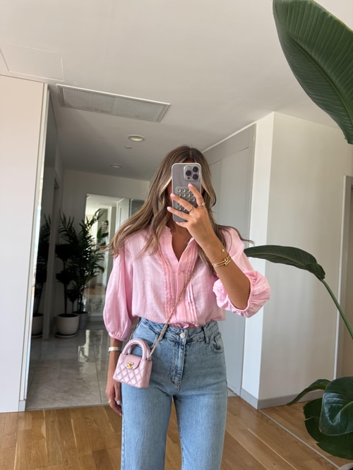 Dilvin Nervür Detaylı Balon Kol Gömlek - Pembe 