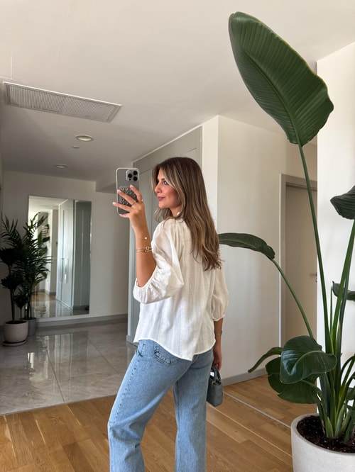 Dilvin Nervür Detaylı Balon Kol Gömlek - Ekru