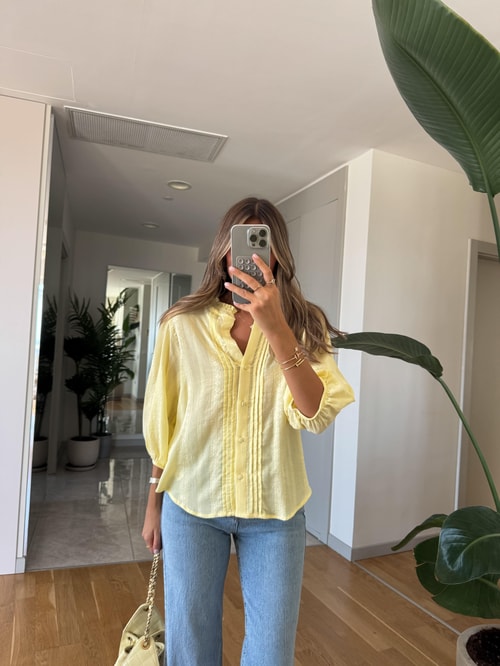 Dilvin Nervür Detaylı Balon Kol Gömlek - Sarı 