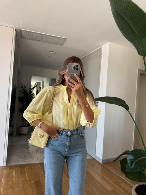 Dilvin Nervür Detaylı Balon Kol Gömlek - Sarı 