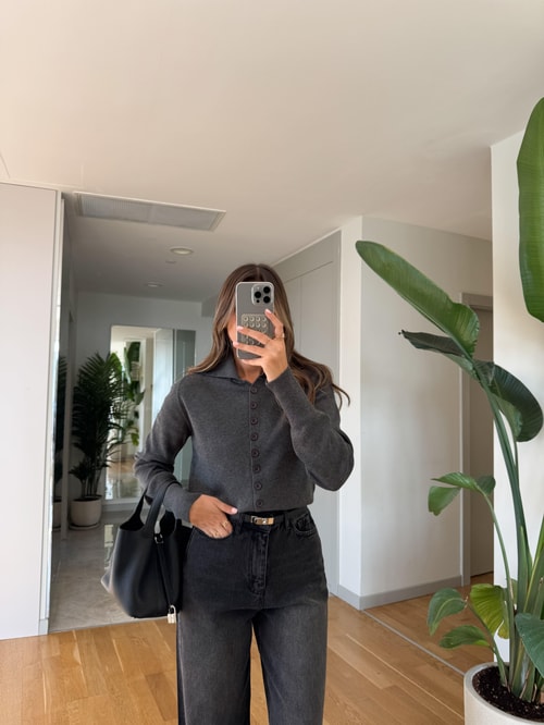 Dilvin Polo Yaka Düğmeli Triko - Füme