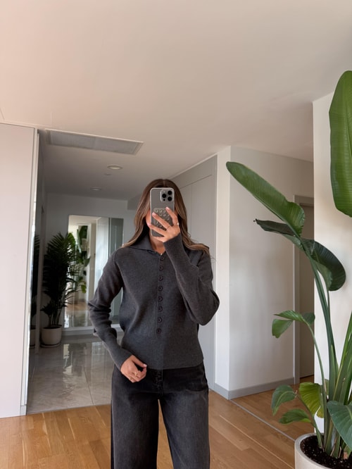 Dilvin Polo Yaka Düğmeli Triko - Füme