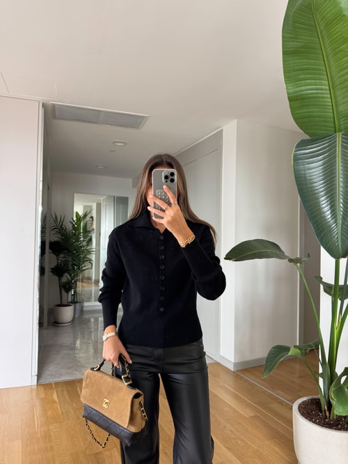 Dilvin Polo Yaka Düğmeli Triko - Siyah