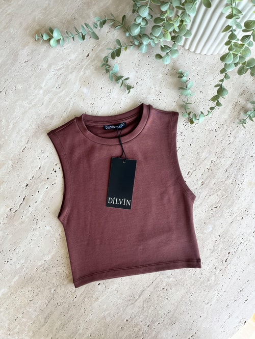 Dilvin Sıfır Kol Basic Bluz-Kahve
