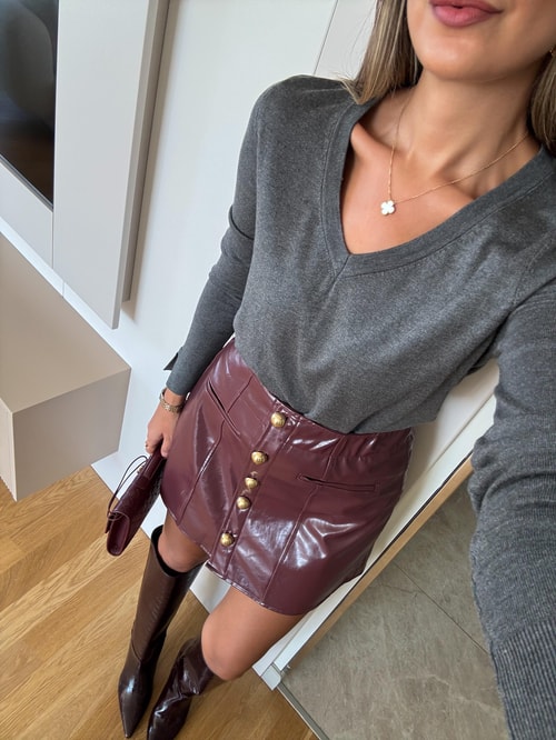 Dilvin V Yaka Kolu Yırtmaçlı Kazak - Füme