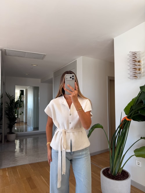 Dina Kuşaklı Triko Yelek - Ekru 