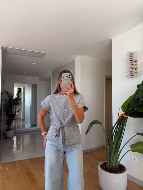 Dina Kuşaklı Triko Yelek - Gri 