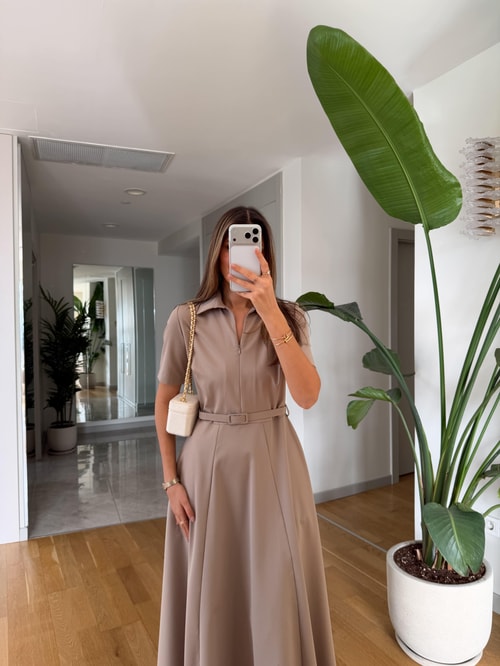 Dora Kemerli Kloş Elbise - Bej
