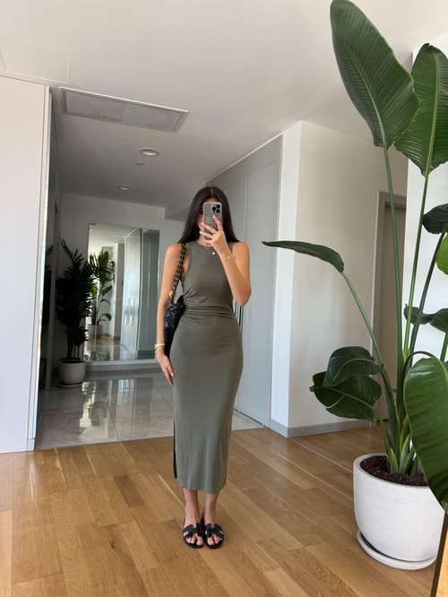 Drapeli Premium Basic Elbise -Haki