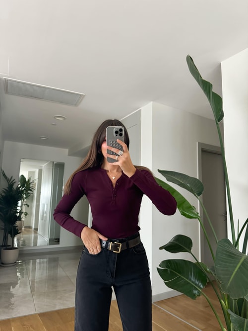 Düğmeli Fitilli Basic Bluz-Bordo