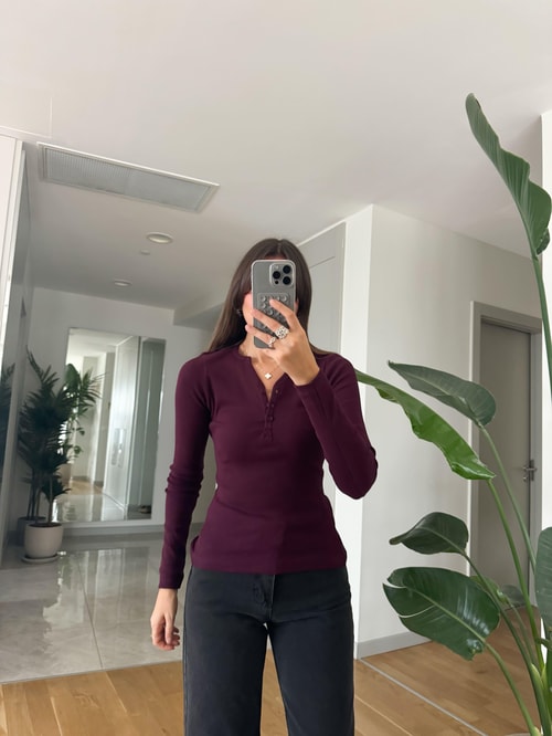 Düğmeli Fitilli Basic Bluz-Bordo