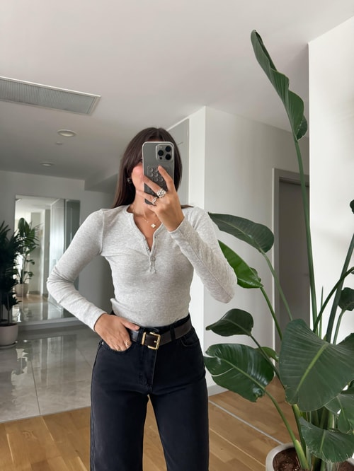 Düğmeli Fitilli Basic Bluz-Gri