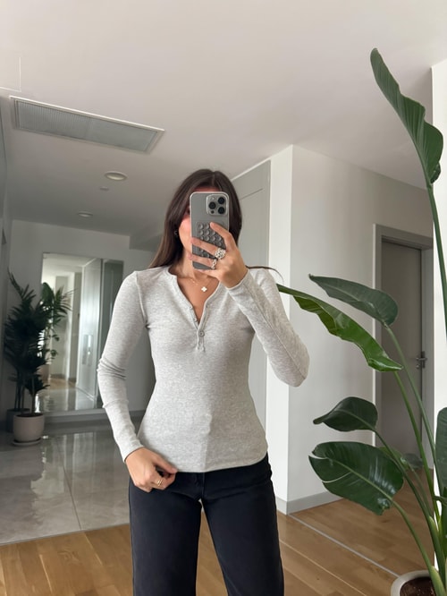 Düğmeli Fitilli Basic Bluz-Gri