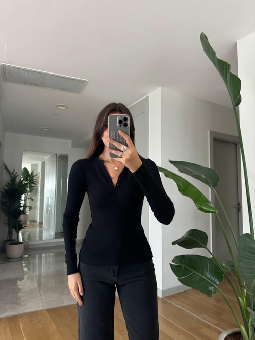 Düğmeli Fitilli Basic Bluz-Siyah