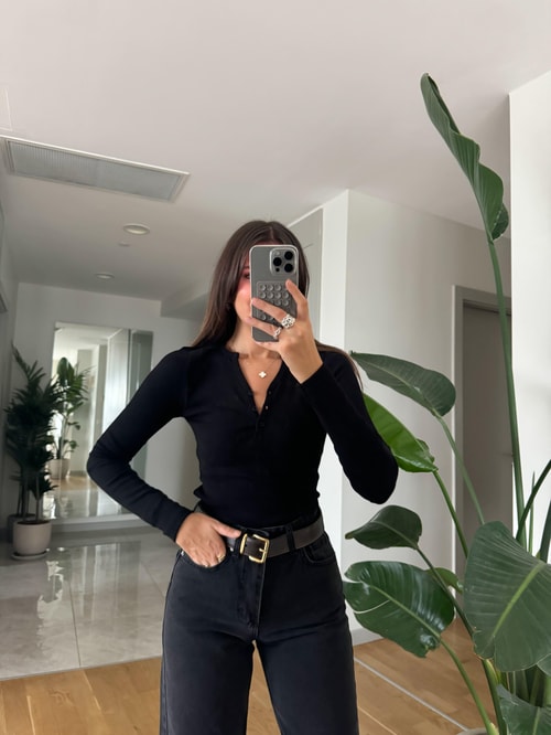 Düğmeli Fitilli Basic Bluz-Siyah